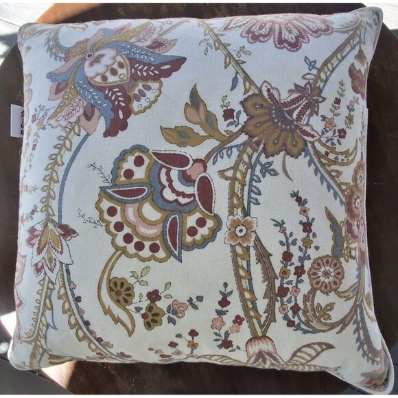 B Smith Embroidered Floral Leaves Throw Pillow Zipper Red Green Feather Filled - Picture 3 of 5